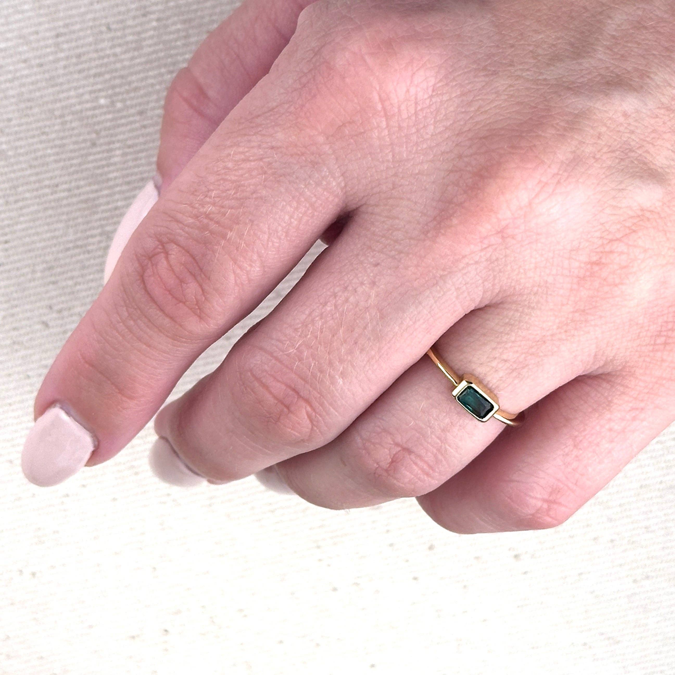 18k Gold Filled Colored CZ Rectangle Solitaire Ring: Black / 7
