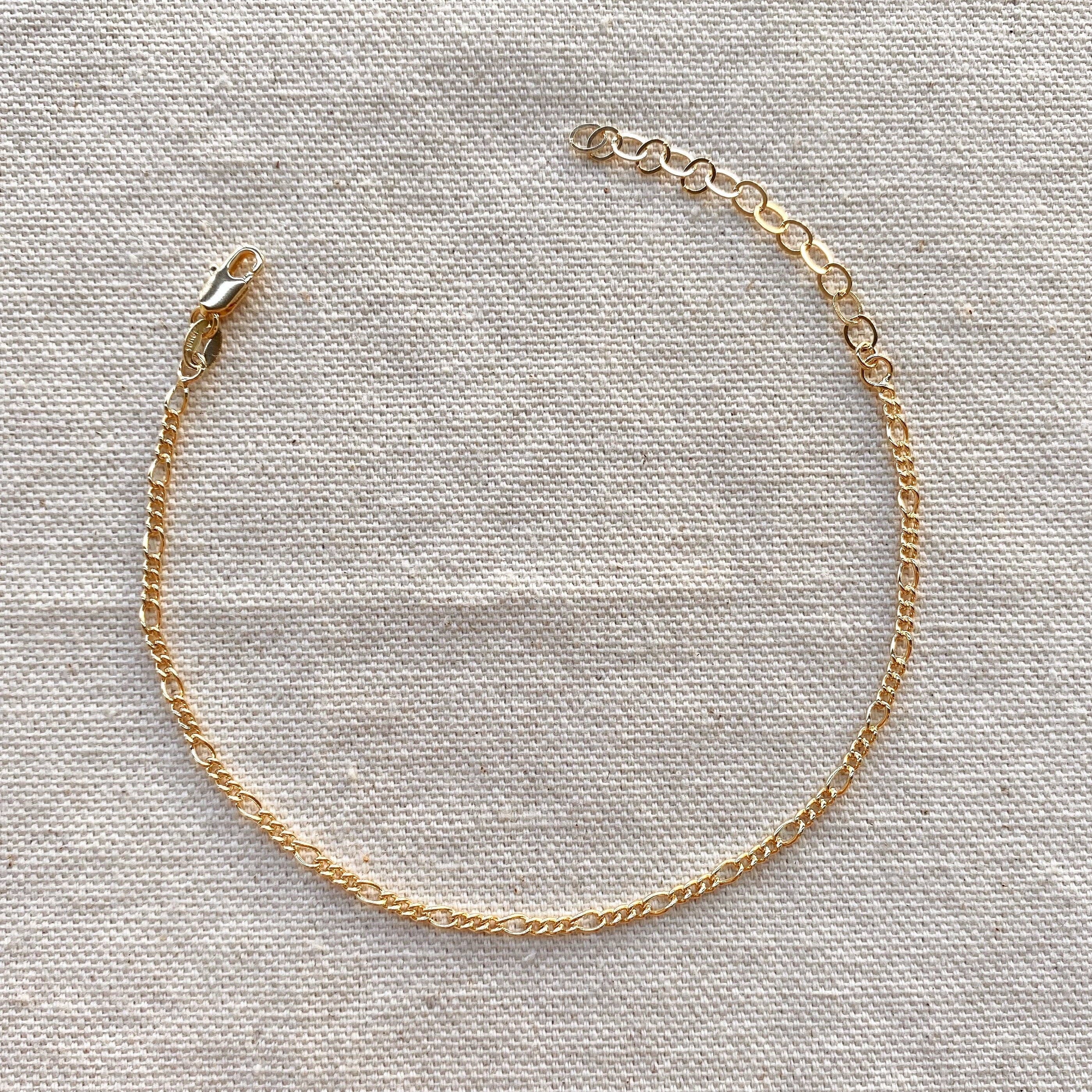 18k Gold Filled 2mm Rounded 3x1 Figaro Chain: 7” Bracelet
