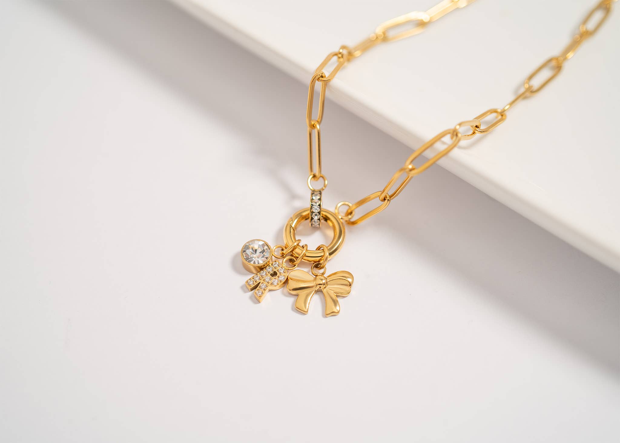 18K Gold PVD Paperclip Rhinestone Charm Holder Necklace: Stainless