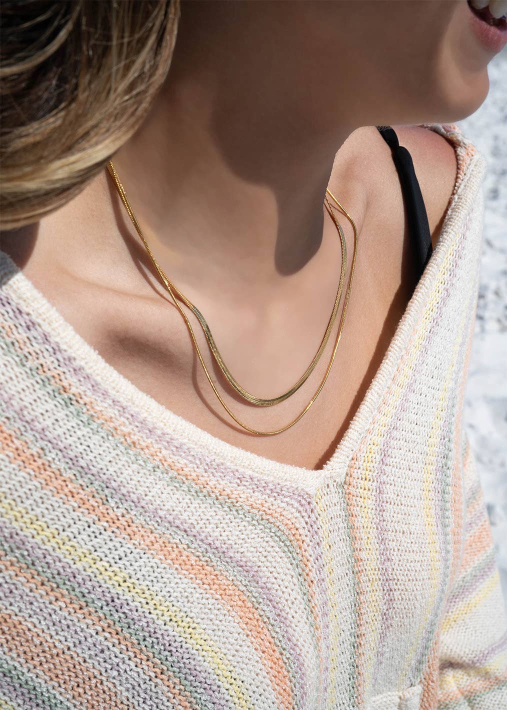 18K Gold PVD Stainless Steel Herringbone and Snake Layered Chain Necklace: Stainless