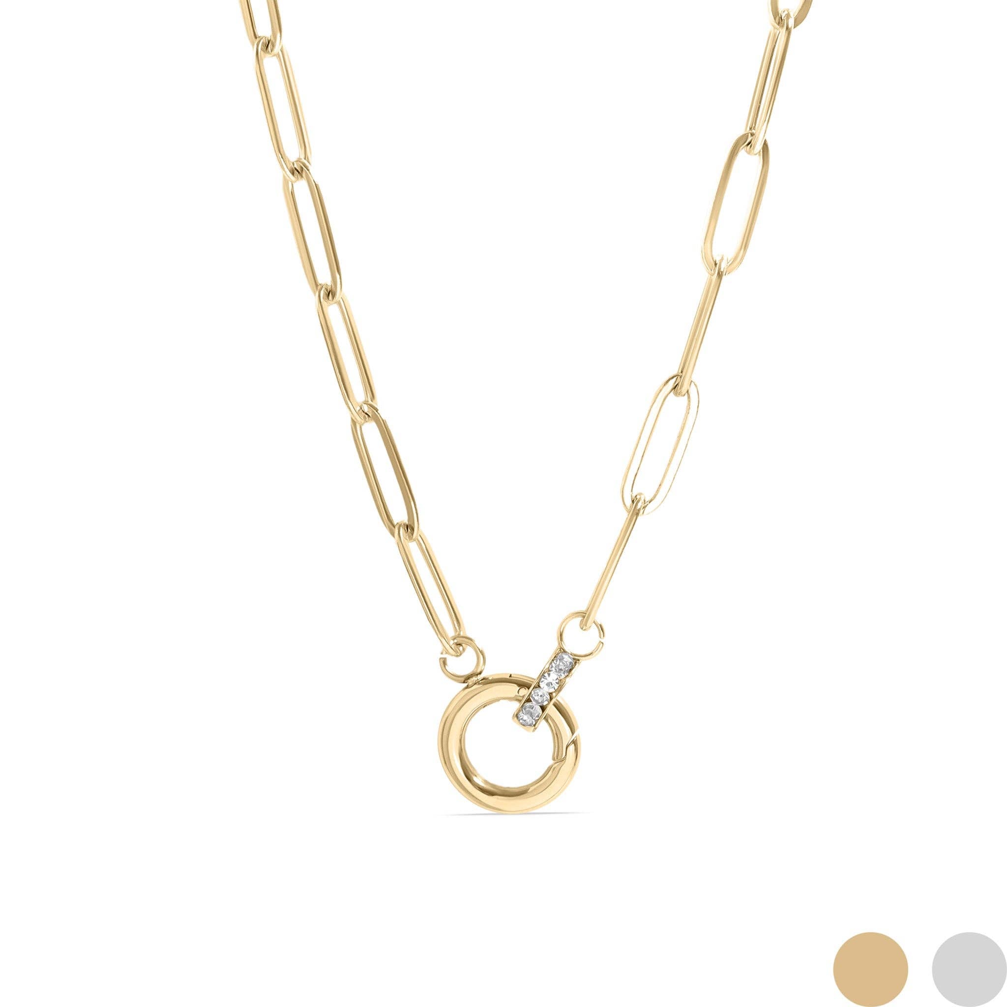 18K Gold PVD Paperclip Rhinestone Charm Holder Necklace: Stainless