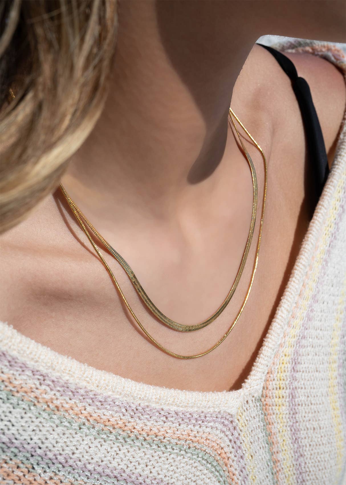 18K Gold PVD Stainless Steel Herringbone and Snake Layered Chain Necklace: Stainless