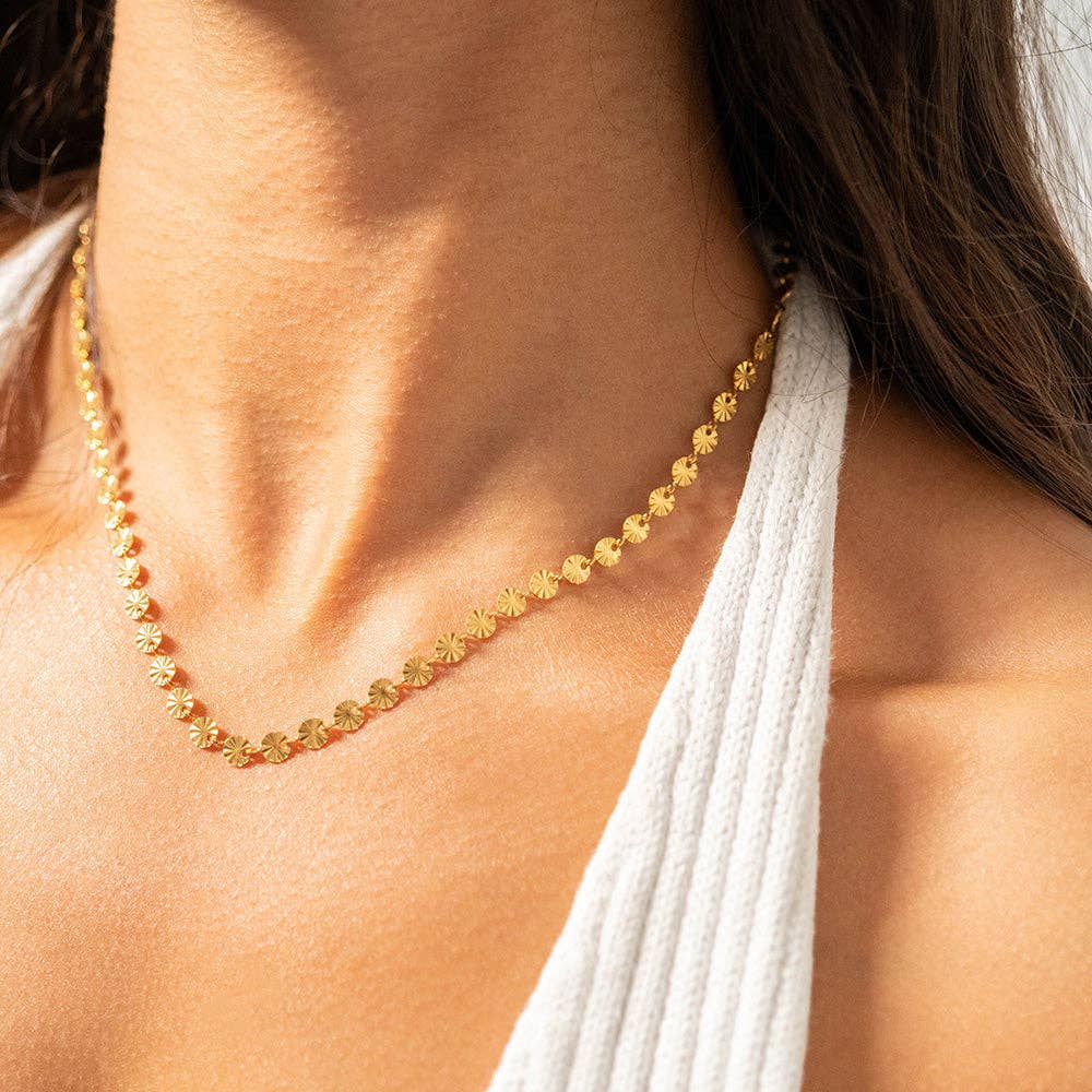 18K Gold PVD Stainless Steel Sunburst Chain Necklace: Stainless / 18+2"