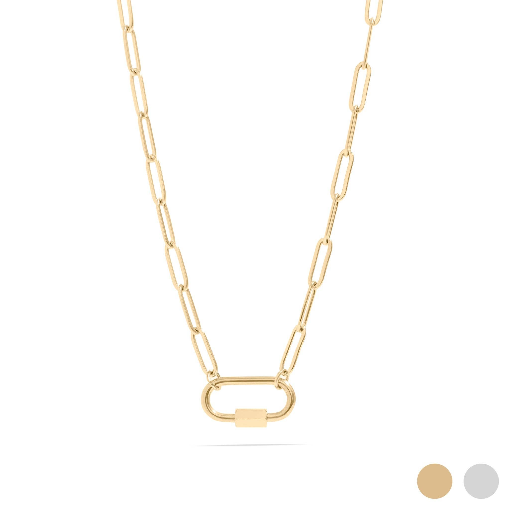 18K Gold PVD Paperclip Carabiner Necklace: Stainless / 16+2"
