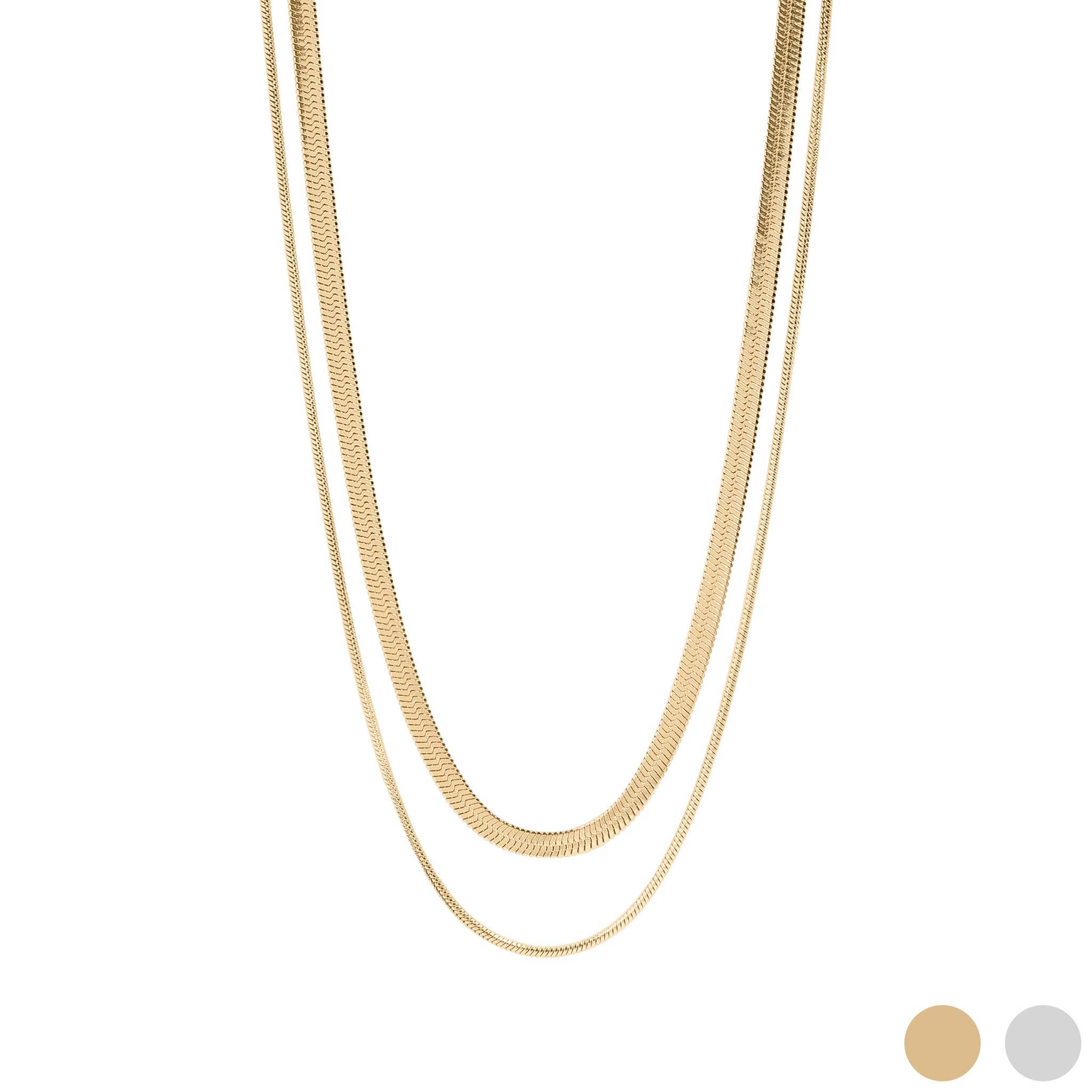 18K Gold PVD Stainless Steel Herringbone and Snake Layered Chain Necklace: Stainless