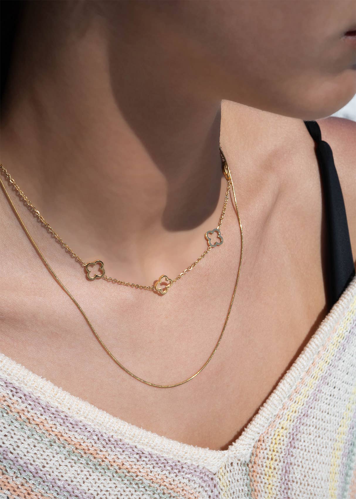 18K Gold PVD Stainless Steel Layered Clover Charm Necklace: Stainless