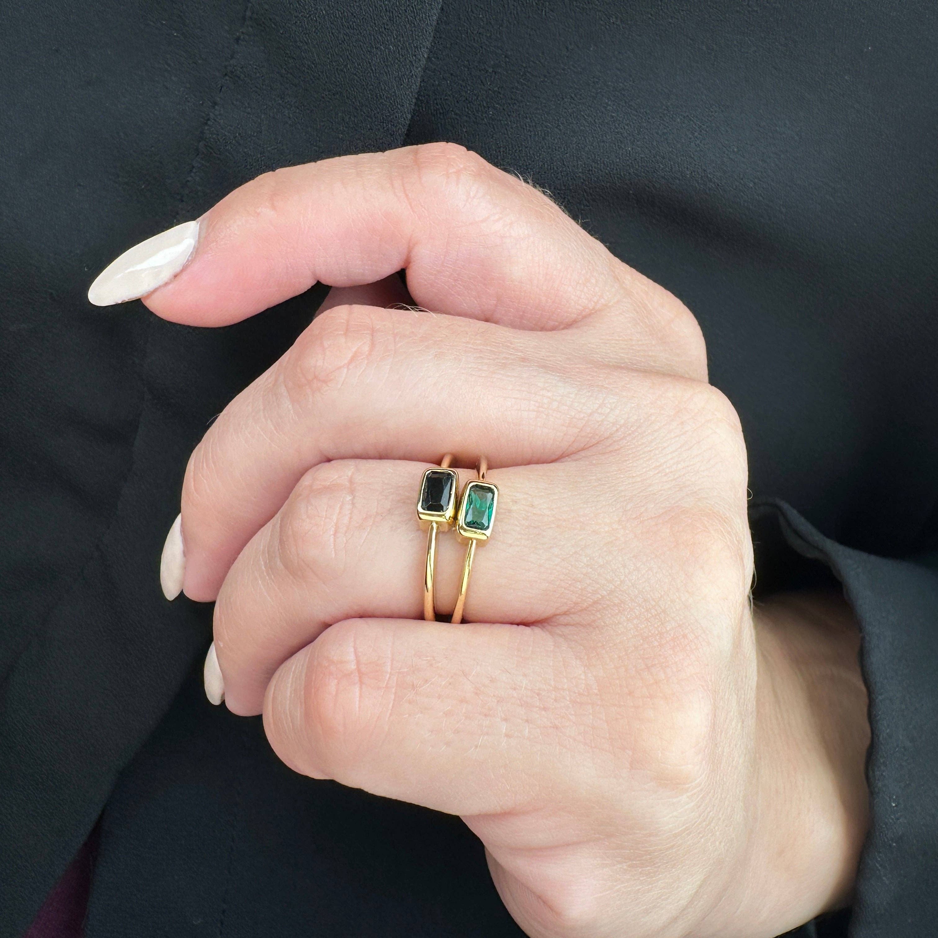 18k Gold Filled Colored CZ Rectangle Solitaire Ring: Black / 7
