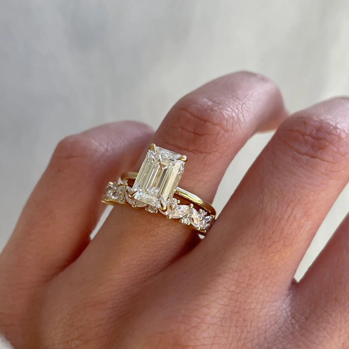 Emerald Cut Ring Sets 2 Rings Together 18K Solid Gold