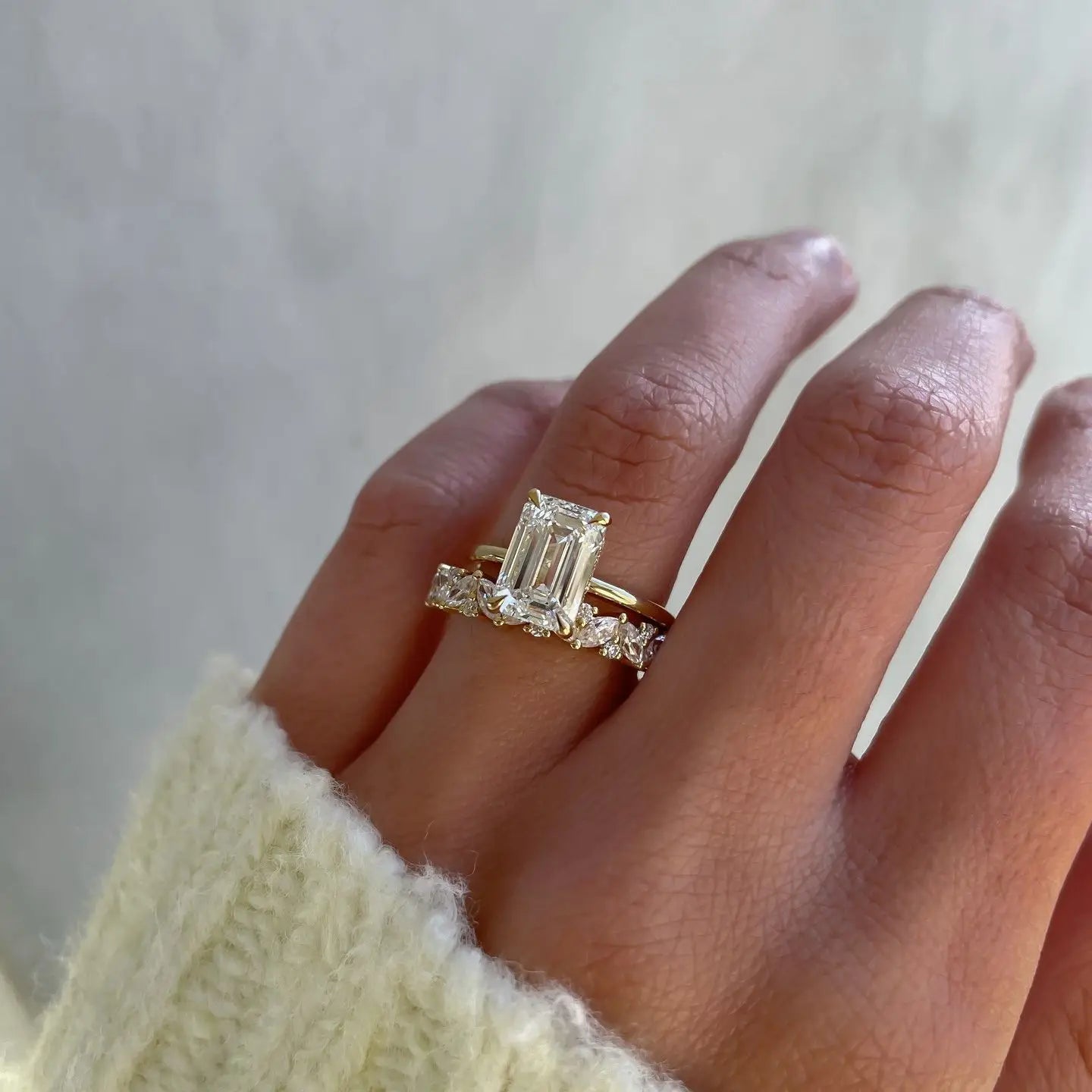 Emerald Cut Ring Sets 2 Rings Together 18K Solid Gold