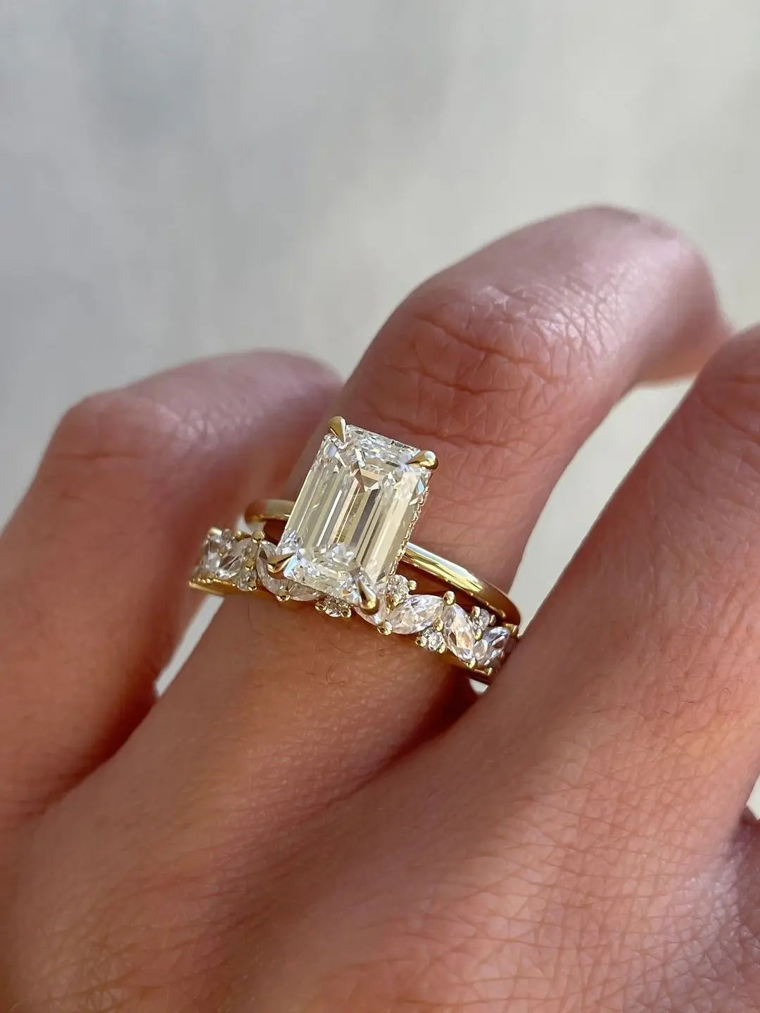 Emerald Cut Ring Sets 2 Rings Together 18K Solid Gold