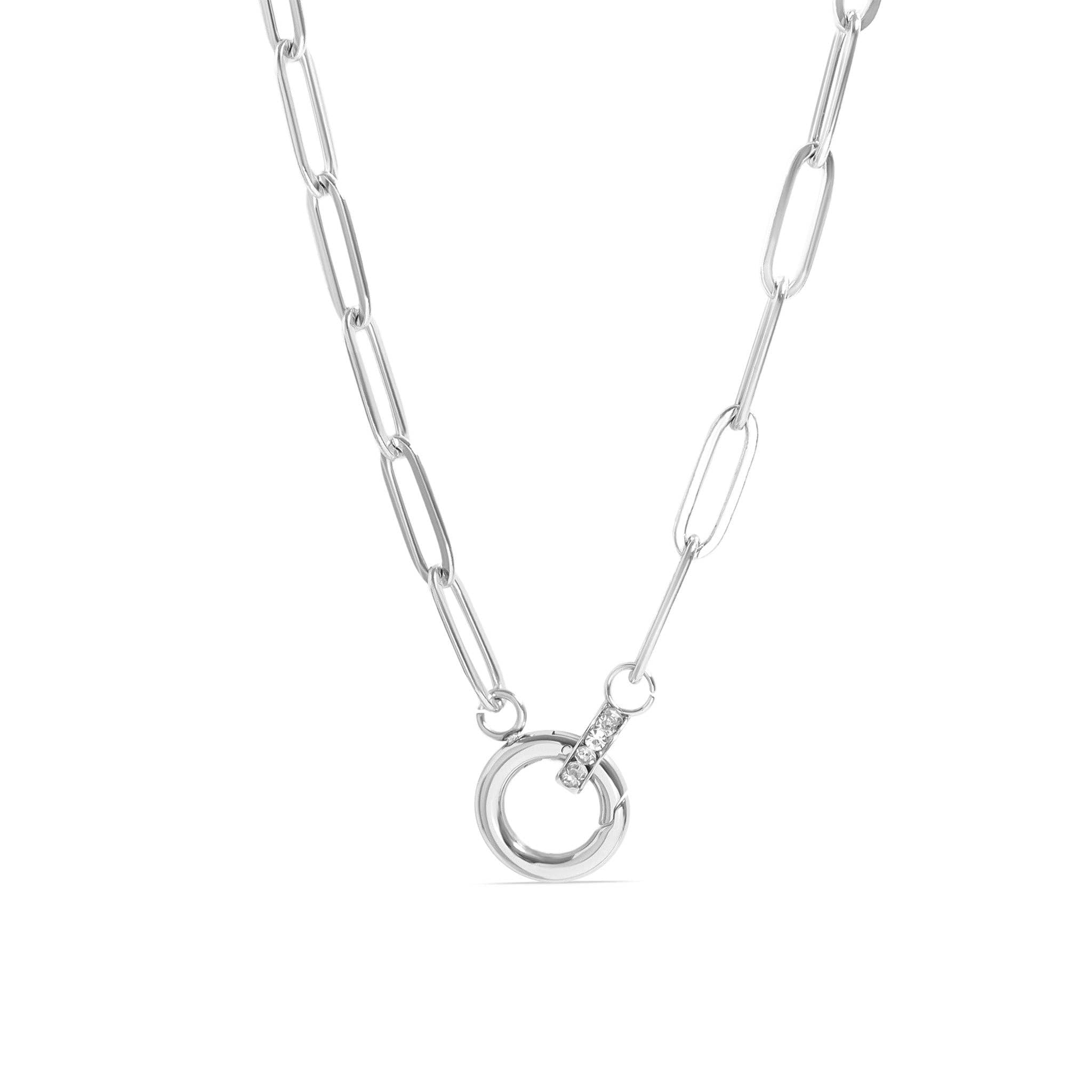 18K Gold PVD Paperclip Rhinestone Charm Holder Necklace: Stainless