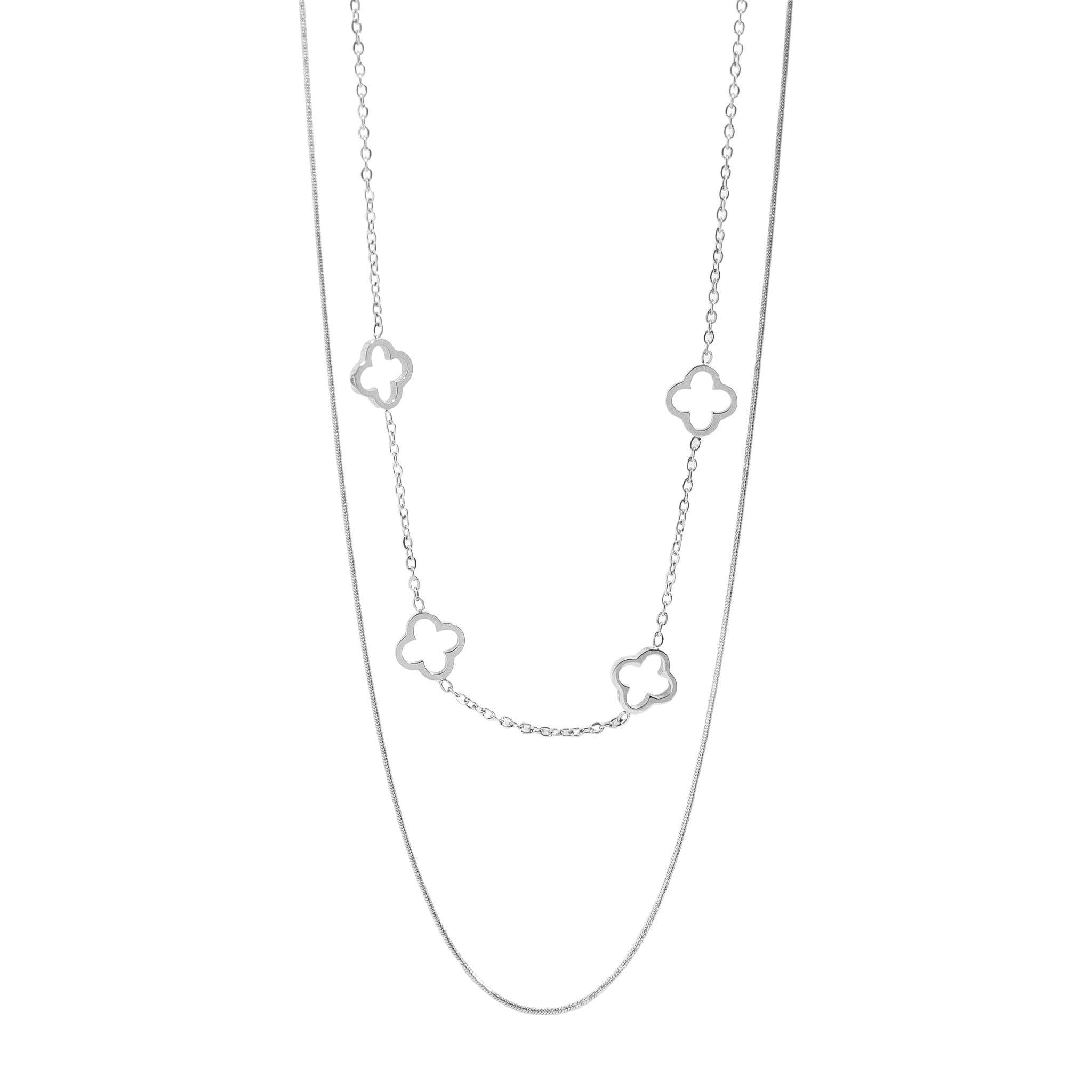 18K Gold PVD Stainless Steel Layered Clover Charm Necklace: Gold
