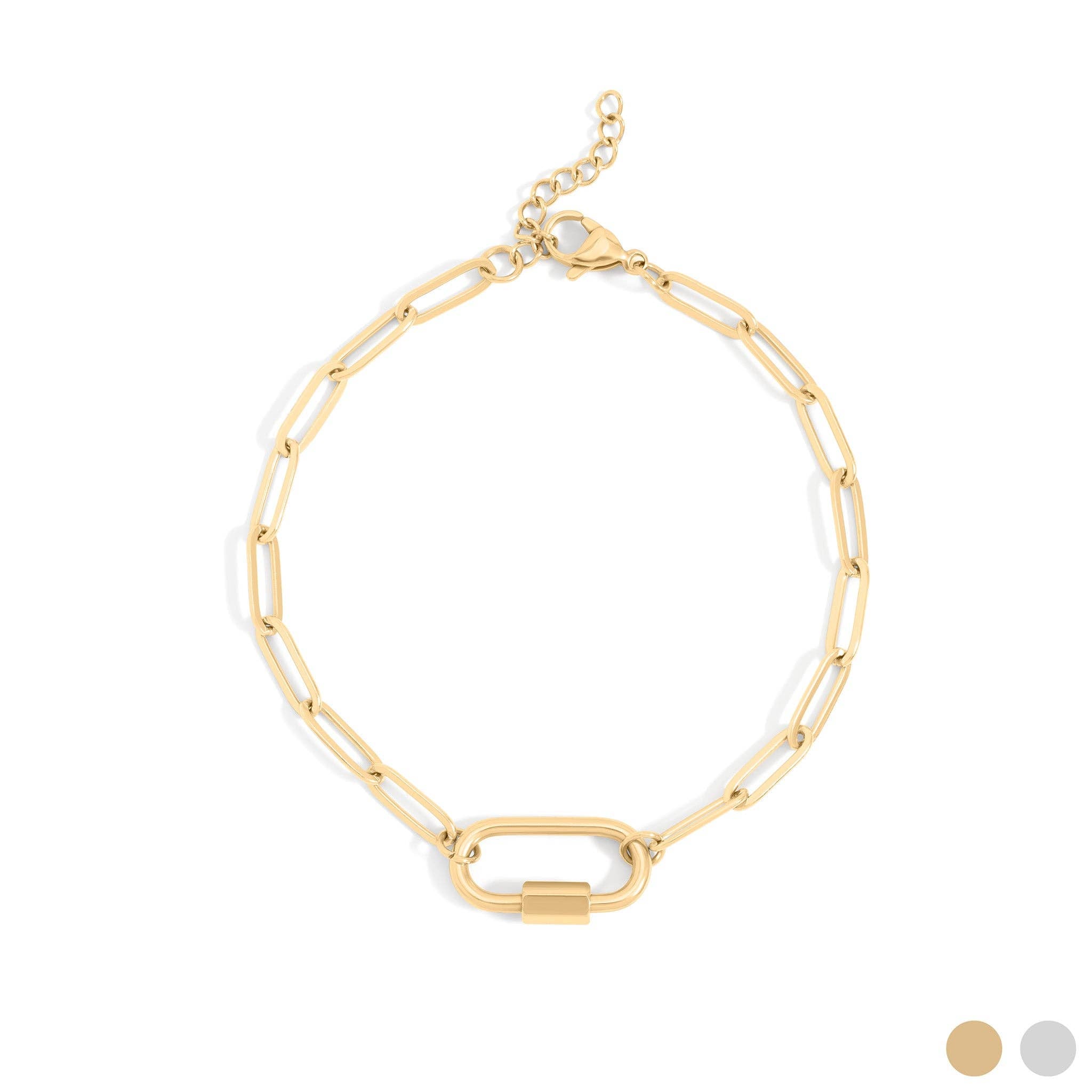 18K Gold PVD Stainless Steel Paperclip Carabiner Bracelet: Stainless