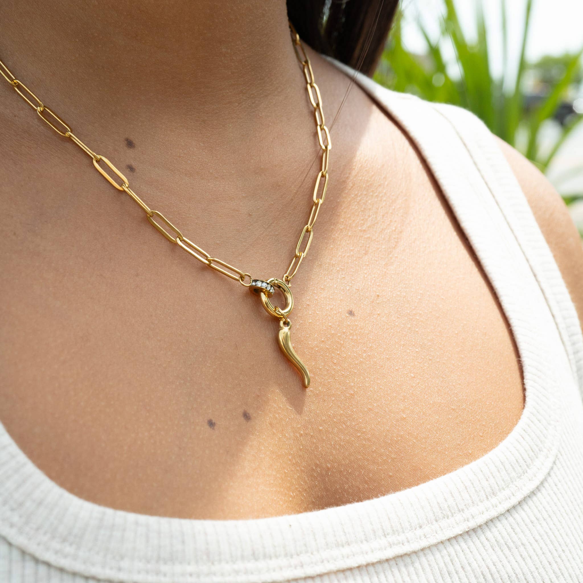 18K Gold PVD Paperclip Rhinestone Charm Holder Necklace: Stainless