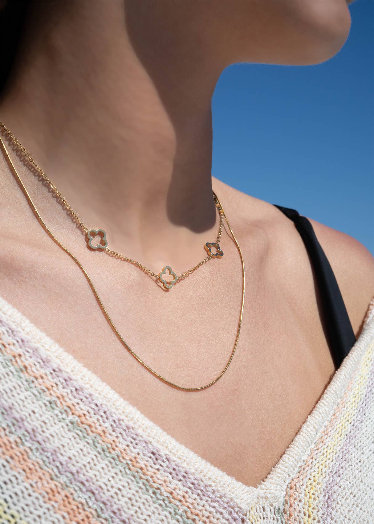 18K Gold PVD Stainless Steel Layered Clover Charm Necklace: Stainless