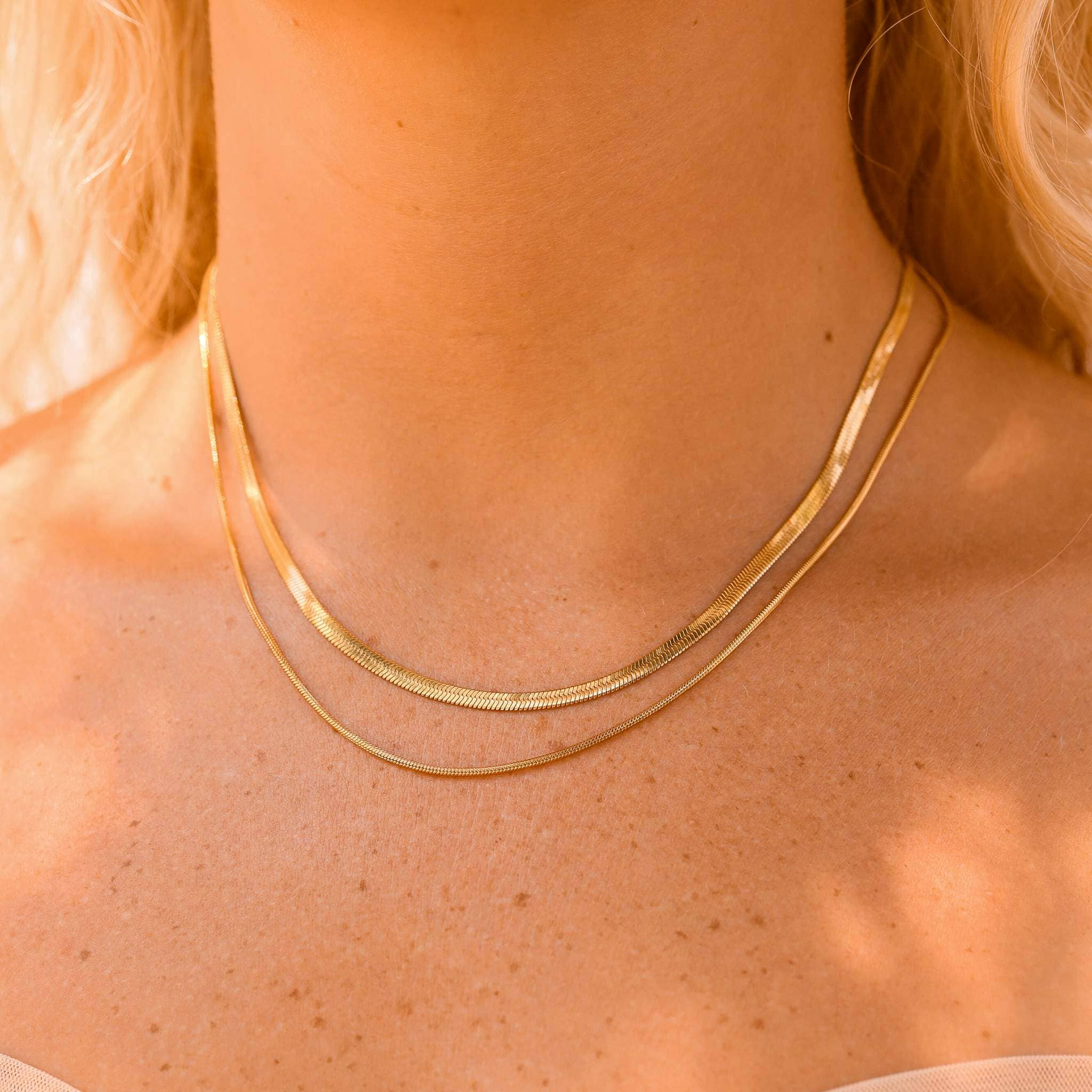 18K Gold PVD Stainless Steel Herringbone and Snake Layered Chain Necklace: Stainless